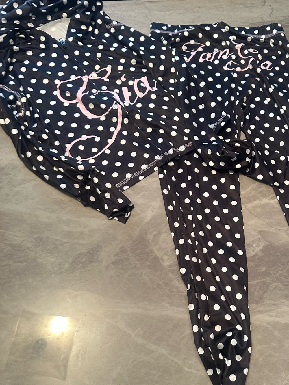 I.AM.GIA Black Polka Dot Leggings with Pink Script